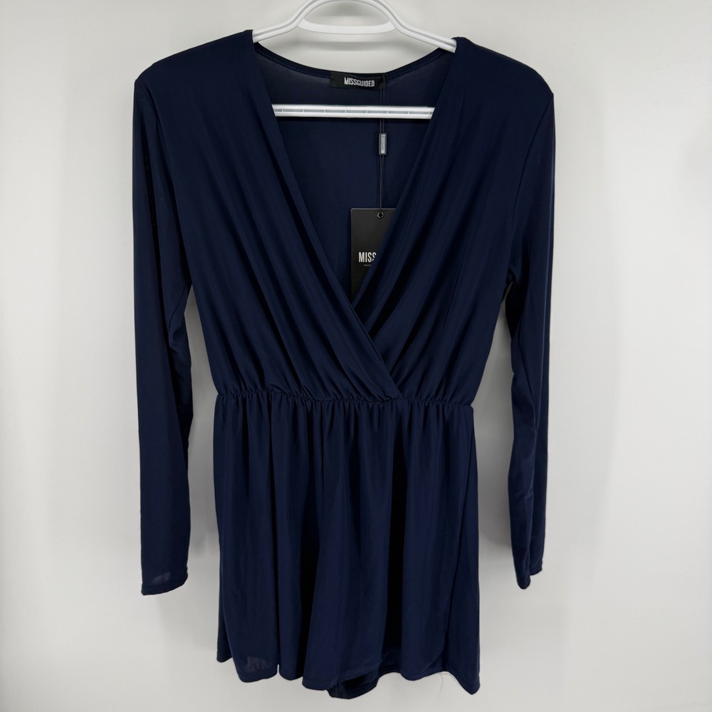 MISSGUIDED Navy Blue Long Sleeve Romper Playsuit V-Neck Elastic Waist Size 6 NWT